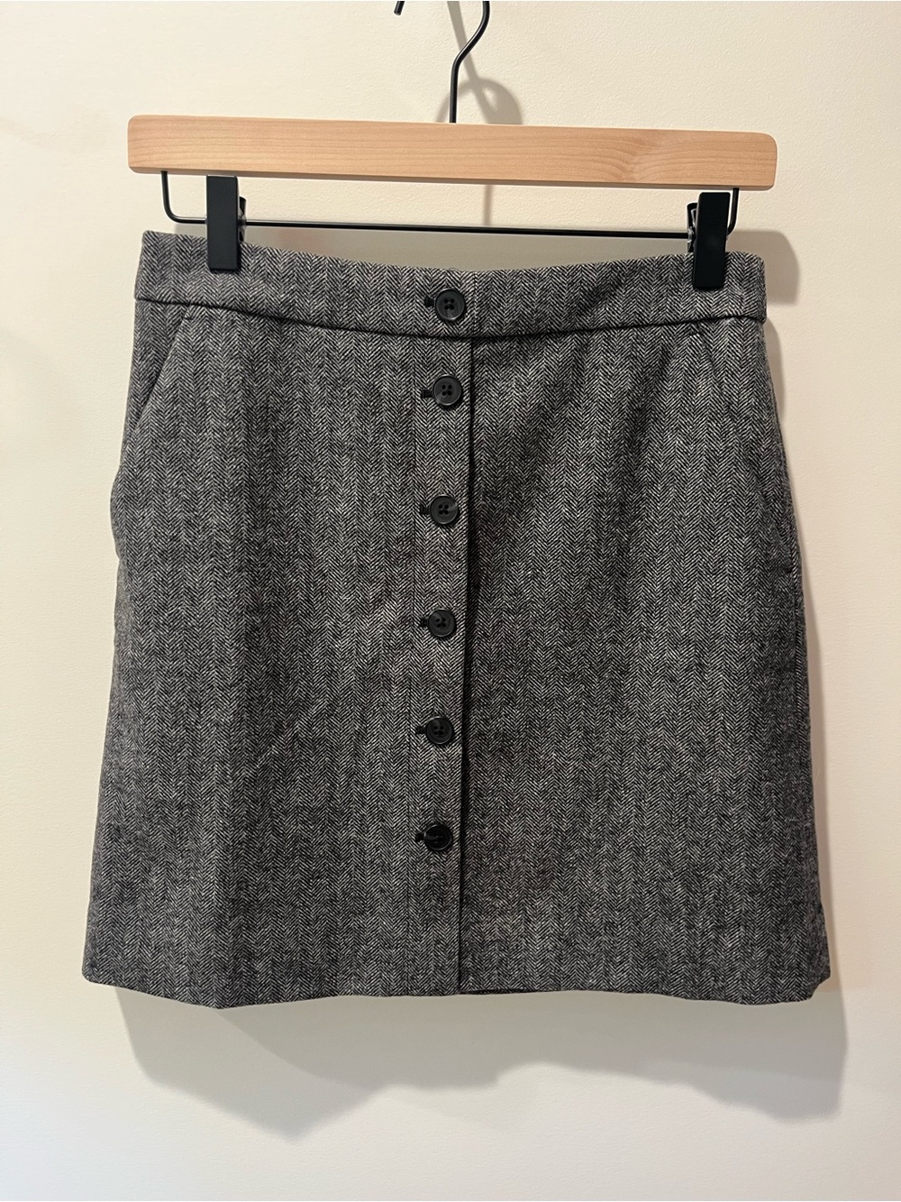 J. Crew Gray Herringbone Button-Front Mini Skirt
